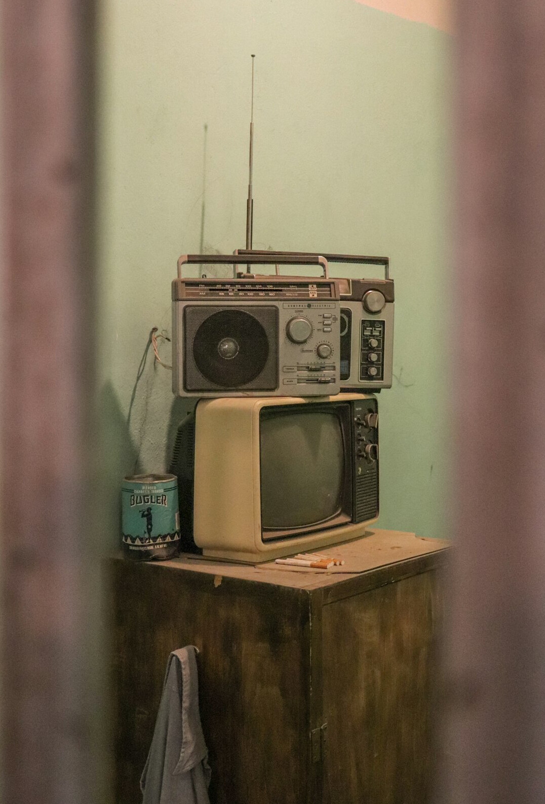 Vintage style television studio set with old broadcast camera